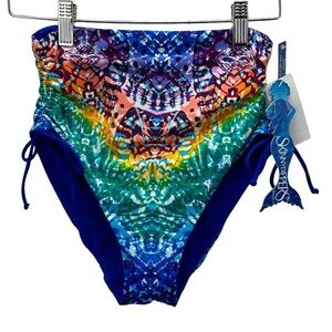 Skinny Dippers High Waist Side Tie Reversible Swim Brief - Rainbow Blue - Small